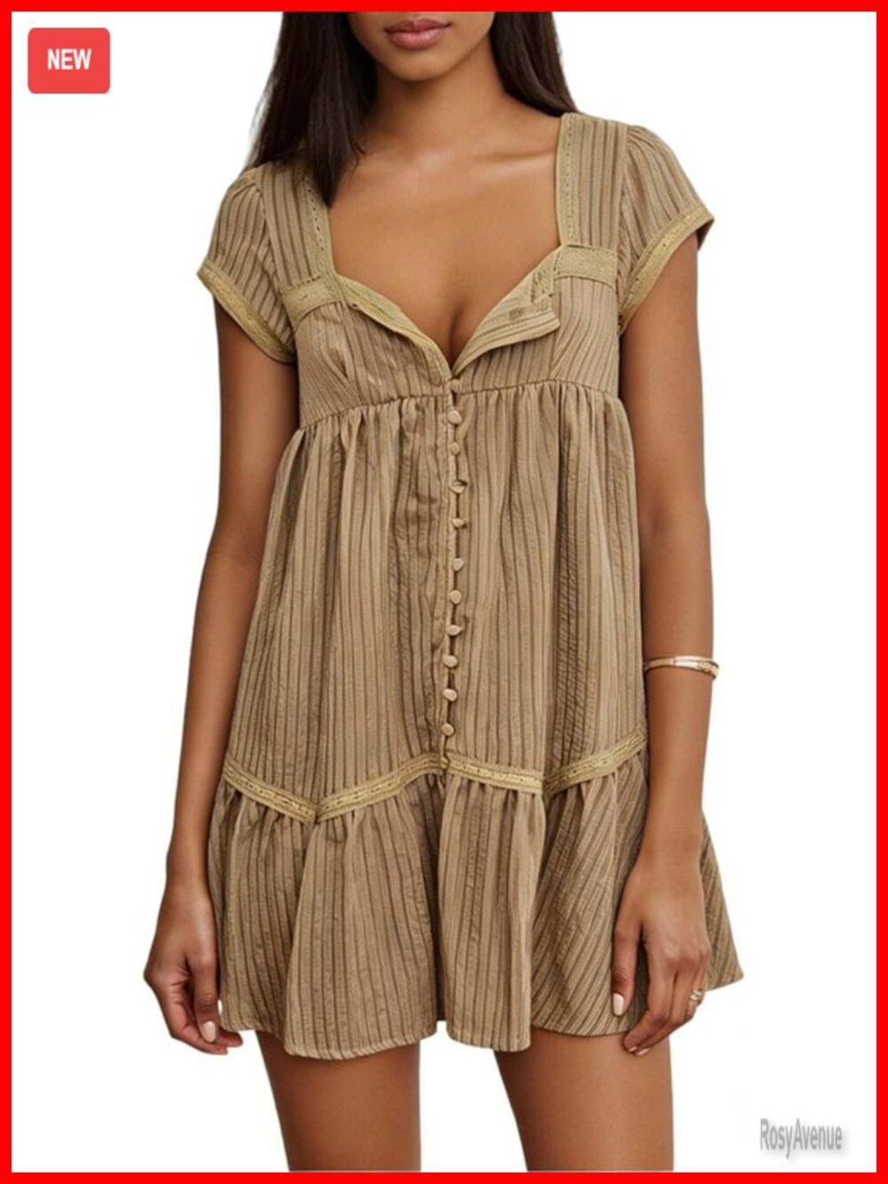 Button Front Lace Trim Square Neck Short Sleeve Babydoll Mini Dress Tiered Flow - Picture 1 of 7